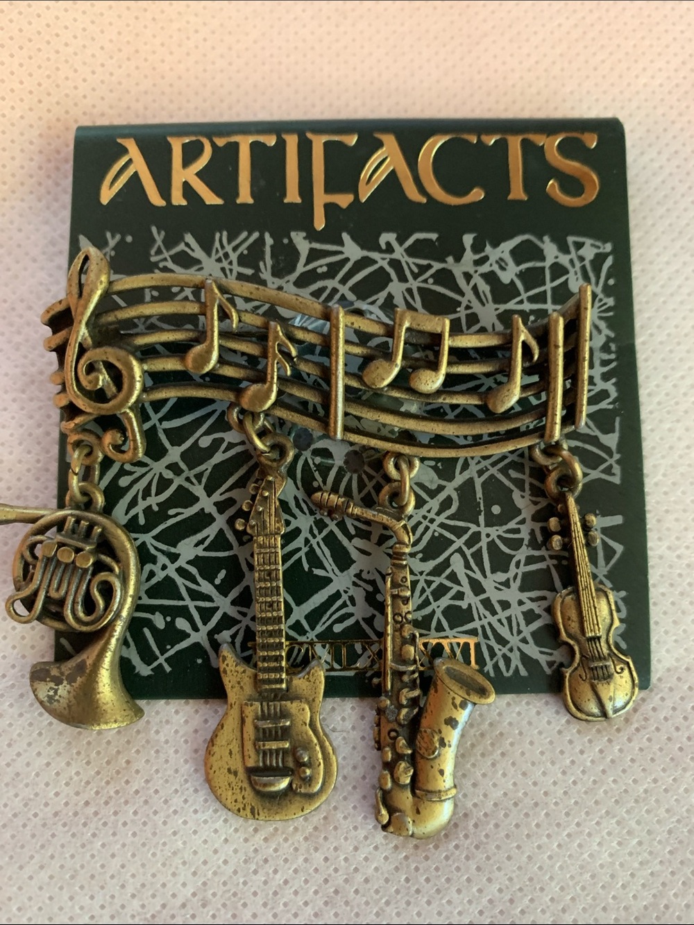 Signed JJ Jonnette Vintage Musical Scale Instrument Brooch Pin Brass Sax Guitar